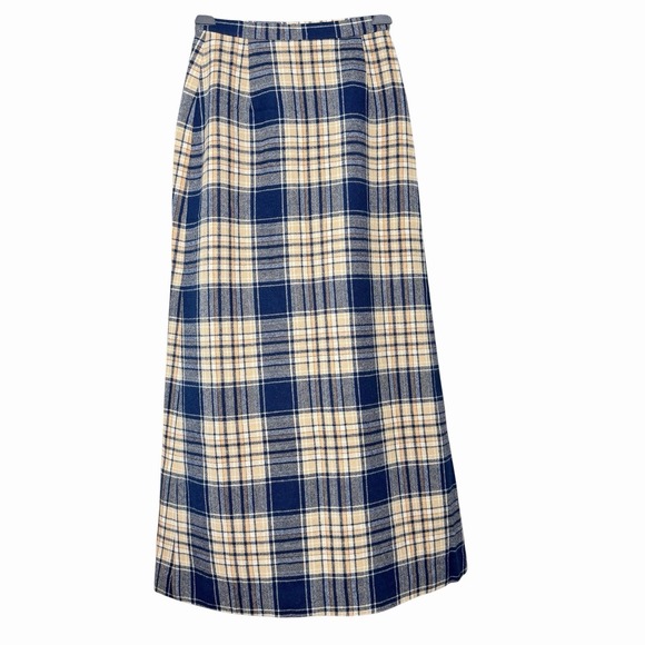 VTG Pendleton 100 % Virgin Wool Plaid Skirt 9/10 Blue Tan A-Line Midi USA Preppy - Picture 3 of 12
